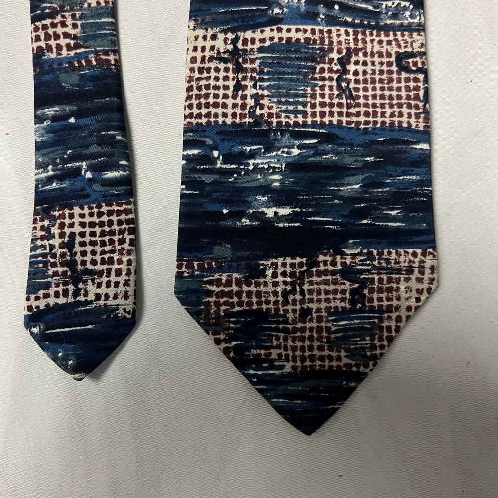 Mens Geometric Abstract Print Necktie Polyester Blue Burgundy Wearable Art
